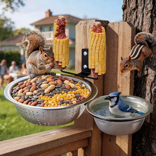 2 Bowls Squirrel Food&Water Feeder, Metal Chew-proof Squirrel Feeders for Outside, Picnic Table with 2 Corn Cob Holders - Removable Smart Drainage 304 Bowl+Bird Water Bowl&Seed Tray-Tree Mounted - color: 2-Bowls Feeder