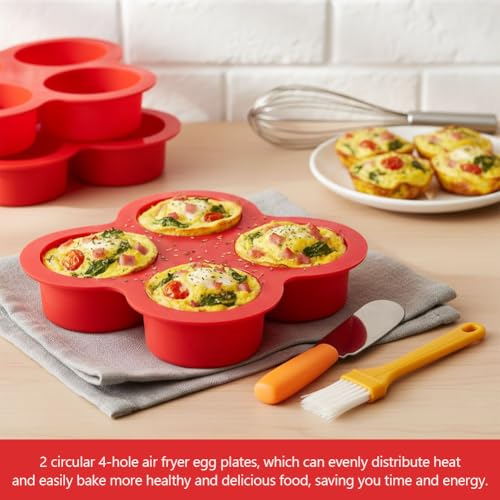 2 Pack Silicone Egg Bite Molds with 1 Spatula & 1 Brush, 4 Cups Silicone Air Fryer Baking Pan Non-Stick for Egg Bites, Cupcake, Tart, Frittata, Quiche, Muffins, Cornbread - color: Red