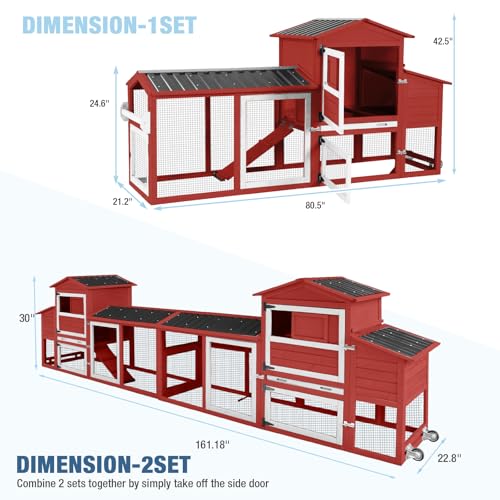Large Chicken Coop with Run, 80.5’’ Chicken Tractor with Wheels, Wooden Hen House Poultry Cage with Plastic Waterproof Roof and Nesting Box, Leakproof Pull-Out Tray (Red) - color: Red, size: 80.5"L x 21.2"W x 42.5"H