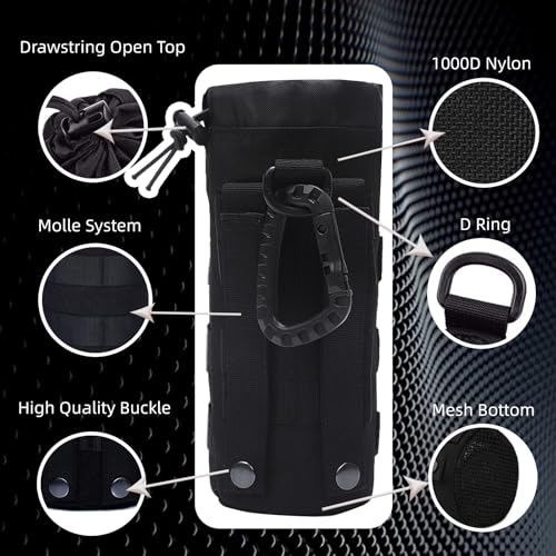 Tactical Water Bottle Pouch, Anti-Swing, MOLLE Belt Loop, 18-25oz | 3-Way Attach: MOLLE, Belt & D-Ring | 1000D Nylon | Mesh Drain Bottom | For Hiking, Hunting, Camping - color: Black