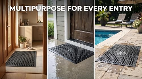 Lovinland Ourdoor Rubber Floor Mat for Outside Entrance 60"x35" | large heavy duty non-slip waterproof easy to clean drainage mat foot clean pad for pool,patio,wet,garage,front door