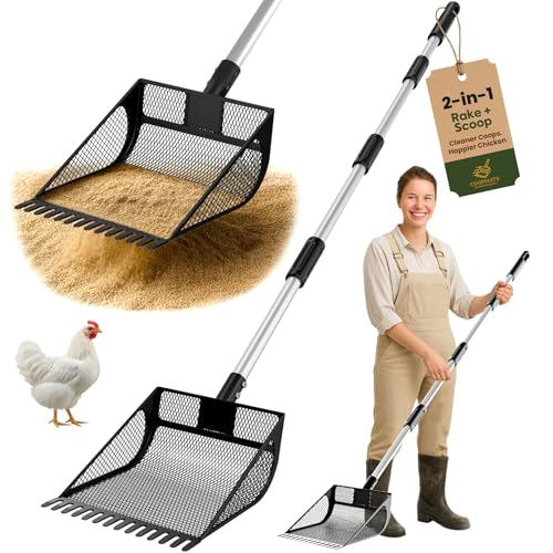 2-in-1 Chicken Coop Poop Scooper and Rake - Metal Sand Sifting Litter Scoop Shovel with Angled Basket and Micro-Sized Diamond Mesh to Catch the Smallest Farm Animal Droppings - Adjustable 12" to 53"