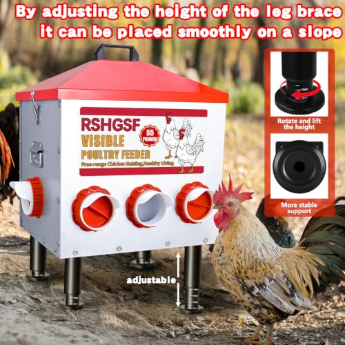 Stainless Steel Automatic Chicken Feeder, 55 lb, 8 Feeding Ports, Waterproof, Rodent Free, Outdoor Metal Poultry Feeder with Adjustable Anti-Slip Feet