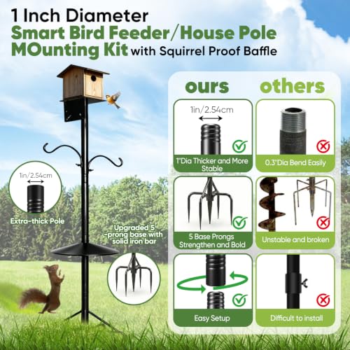 Bird Feeder Pole & Birdhouse Pole with Squirrel Baffle - 76 Inch Heavy Duty 1-Inch Diameter Metal Mounting Kit for Smart Bird Feeders, Patio & Garden Bird House not Included(with Two Hooks) - size: 76in With two hooks