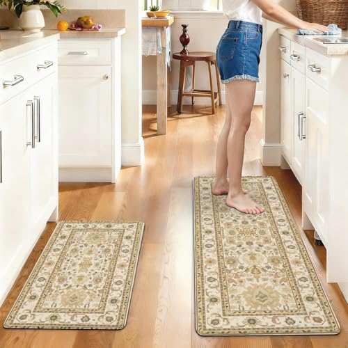 Boho Kitchen Mat, 2PCs, 17.3" x 47" + 17.3" x 29", Cream & Gold | Non-Slip Cushioned Comfort Washable Anti-Fatigue Floor Rug, Ergonomic Standing Rugs, Set of 2 for Home, Sink, Laundry - color: Black-1