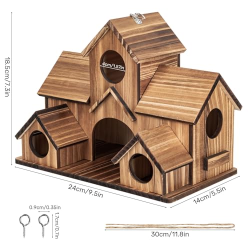 Bird Houses for Outside, 5-Hole Wooden Birdhouse for Bluebirds Finch Swallow Wren Chickadee Hummingbird, Hanging Bird House for Outdoor Clearance Garden Courtyard