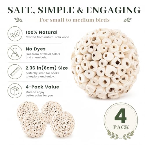 4PCS Bird Toys Sola Balls 2.36'' - Bird Foraging Toy, Sola Atta Ball, Parrot Chew Shred Toy for Sharpening Claws & Beaks for Cockatiel, Parakeets, Conure, Love Birds, Budgie and Small Birds - color: 4 PK