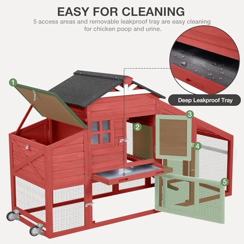Mobile Chicken Coop with Wheels, Wooden Chicken House with Run, Large Hen Cage with UV Proof Roof and Leak-Proof Tray, Outdoor Chicken Coops with Nesting Box for 2-4 Chickens (Red)