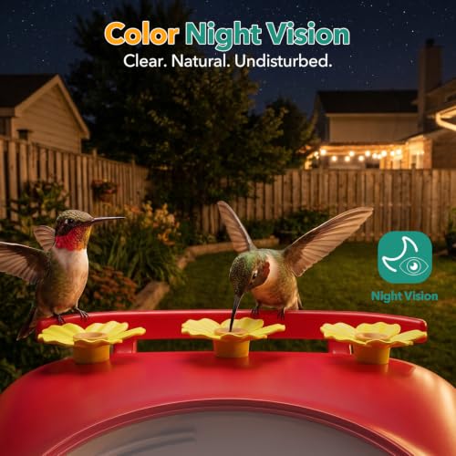 Smart Hummingbird Feeder with Camera, All-in-One Integrated Solar Roof – No Wires, 2.5K HD Color Night Vision, AI Identified Solar Hummingbird Feeder, Leakproof Design Hummingbird Feeders for Outdoors
