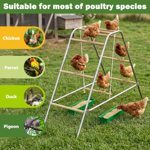 Wooden Chicken Roosting Bars with Swing & 2 Feeders | Chicken Perch Stand Coop Accessories for Outdoor Chicken Playground, Exercise Toy for Backyard Poultry Farm, Easy Assembly