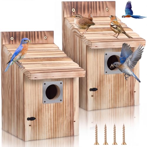 Dreyoo Bluebird Houses for Outside, 1-1/2” Entrance Hole Wooden Bird Houses for Outdoor with Metal Predator Guard, Secure Latch, Fledgling Grooves, Air Vents(Dark Wood) - color: Dark Wood