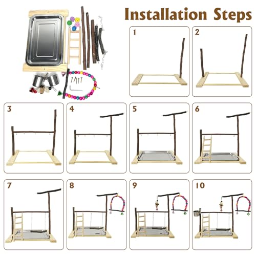 Bird Playground Parrot Playstand Parakeet Gym Playpen Cockatiel Play Stand Wood Perch Exercise Activity Center Ladders Feeder Cups Cage Accessories Swing Chew Toys for Cockatoo Budgie Lovebird Finch