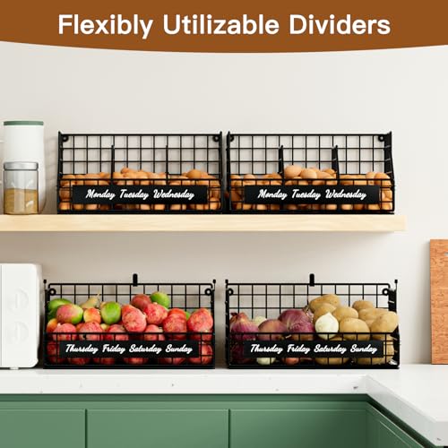 Egg Basket, Stackable Wall Mount Egg Holder Countertop with Weekday Labels | Rustproof carbon steel basket with adjustable dividers, ideal for backyard poultry, small kitchen & pantry storage, Black - color: Black, size: 2-Tier（with printed labels）