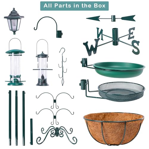 Yinns 58 Inch Outdoor Bird Feeder Pole with Bird Bath and Solar Light | Outdoor bird feeding station, 2 hanging feeders, bird bath, mesh tray, flower basket, weather vane, solar lantern - color: A-58inch Green