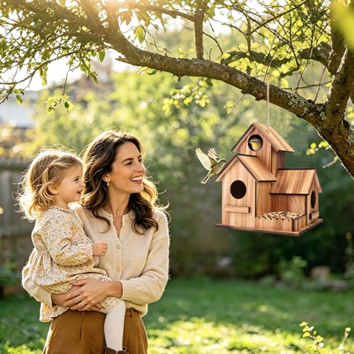 Bird Houses for Outside, 3-Hole Large Wooden Birdhouse for Bluebirds Finches Cardinal Hummingbird, Bird House for Outdoors Hanging Bird House Clearance Garden Courtyard Decor