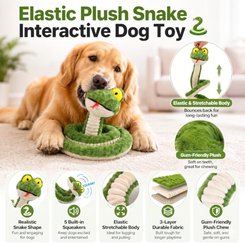 Squeaky Dog Plush Chew Toy, Interactive Tug Squeaky Toy for Chewers, Medium & Large Dogs & Fetch Play, 39.4In Stuffed Silly Snake Toy with Elastic Stretchable Body for Gentle Gum Care & Boredom Relief - color: Green (Silly Snake)