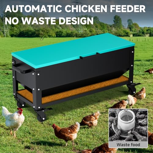 Heavy Duty Chicken Feeder 120 lbs Large Capacity, Metal Automatic Poultry Feeding Box with Waterproof Lid, Raised Standing Feeder with Wheels for Hens & Roosters, Portable & Easy to Move
