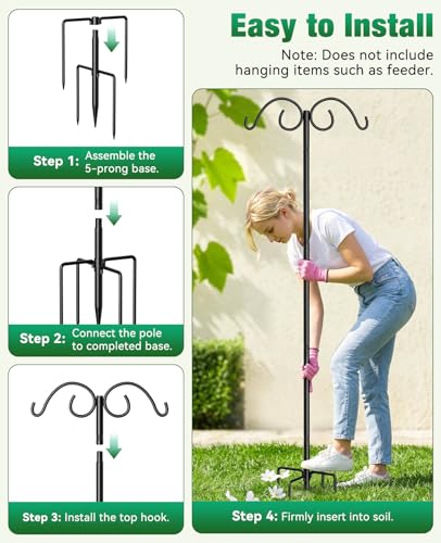 Shepherds Hooks for Outdoor Plant Hanger Hummingbird Feeders for Outdoors | Double Shepherds Hooks ,86 Inch Bird Feeder Pole, Thick Heavy Duty Bird Feeder Stand with 5-Prong Base,Solar Light,2 Pack - size: 86inch-2pack