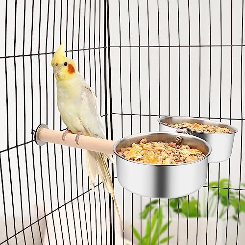 Bird Wood Stand Perch with Food Water Feeding Bowl for Parrot Parakeet Cockatiel Cage Accessories (B: Perch with 2 Feeder Bowls)