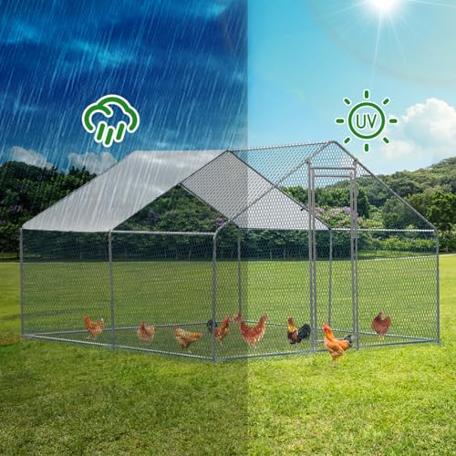 VINGLI Chicken Coop, Large Metal Poultry Cage for Chicken Run, Walk-in Chicken Pen with Waterproof & Anti-UV Cover Outdoor (Silver-Spire Roof, 9.8 * 9.8 * 6.5 ft) - color: Silver-Spire Roof, size: 9.8*9.8*6.5 ft