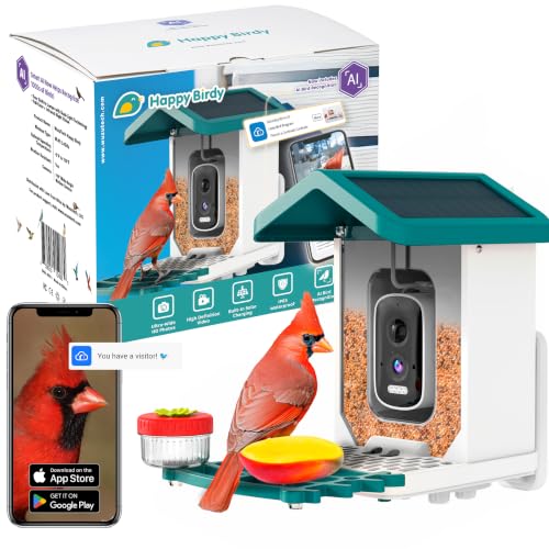 Happy Birdy Smart Bird Feeder with Camera - 2.5K HD Video, Wild Bird Feeder with Wall Mount & Pole Strap Kit, Free AI App IDs 10K+ Birds, Solar Power Panels, Infrared Night Vision, Weatherproof IP67