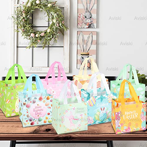 8PCS Happy Easter Egg Hunt Bags Easter Bunny Carrot Chick Egg Gift Bags with Handles, Easter Treat Bags, Easter Party Supplies , 8.3×7.9×5.9inch - color: Orange Pink Blue Green