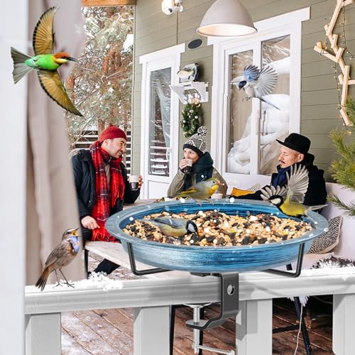 Deck Mounted Bird Bath Outside, Detachable Birdbath Bowl with Sturdy Clamp, Outdoor Bird Baths Bowl for Attracting Birds Garden Yard Decor (Retro Blue) - color: Retro Blue