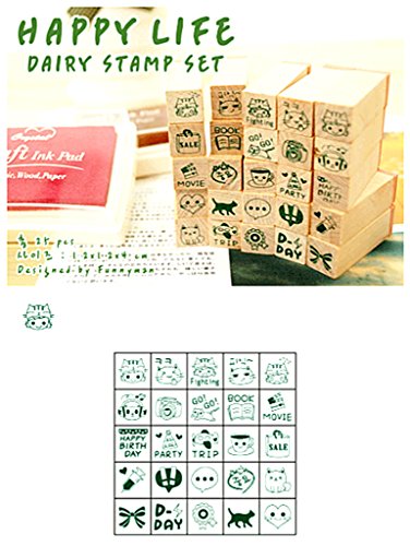 Diary Stamp Set,Wooden Rubber Signet for Children DIY Scrapbooking Card Making(25pcs,Happy Life) - color: Happy Lives(25pcs)