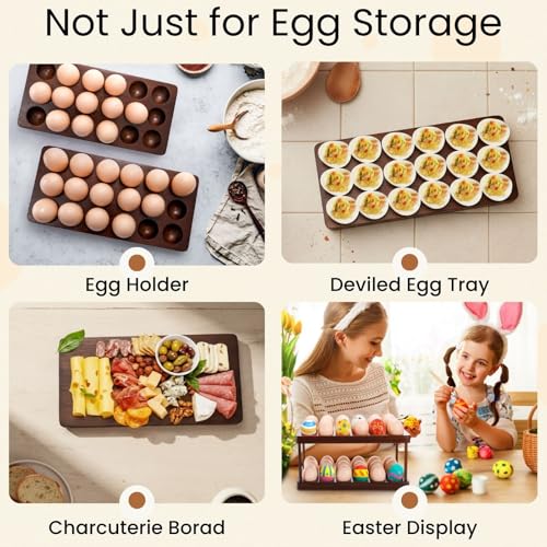 Acacia Wooden Egg Holder with Double Layers, Detachable Wooden Egg Tray Holds 36 Fresh Eggs, Countertop Storage Rack for Gathering Fresh & Easter Eggs, Rustic Decor