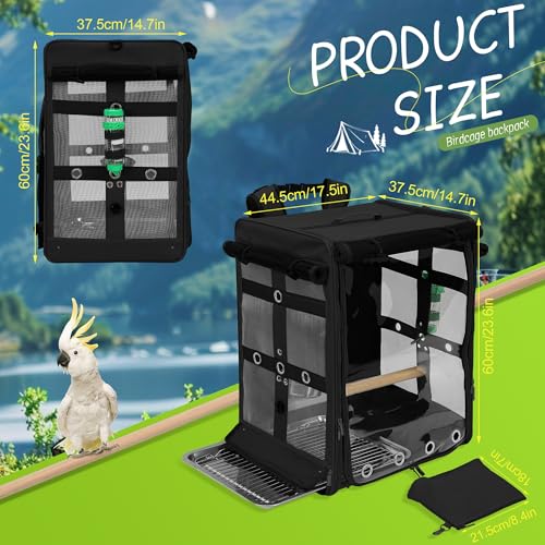 Bird Carrier Travel Cage, Cockatoo Carrier, Parrot Travel Backpack with Unbreakable Stainless Steel Mesh, Perch, Water Bottle and Food Bowl, X-Large Black - color: Black, size: 17.5"L x 14.8"W x 23.6"H