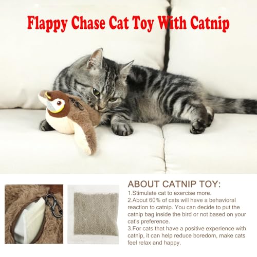 Upgraded Flappy Chase Interactive Chirping Bird Cat Toy with Flapping Wings,No Flying, Interactive Simulation Electric Cat Toy for Cats Dogs-Cat Toys Touch Activated, Rechargeable - color: Brown