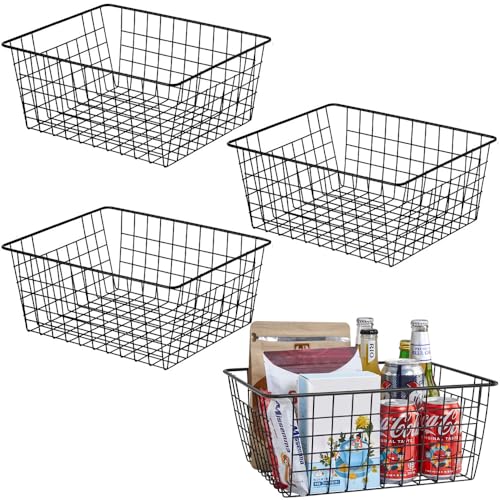 Kitchen Wire Baskets Farmhouse Decor Metal Food Storage Organizer,Household Refrigerator Bin with Built-in Handles for Cabinets,Pantry,Bathroom,Black - color: Black, size: 4 Pack Big