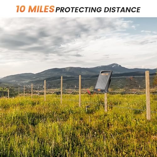 24-Hour Solar Electric Fence Charger, 0.18J, 10-Mile for Livestock | Portable All-in-One Energizer, 5700-10200V Pulse Output, 24/7 Solar Charging, Weatherproof, Deters Predators - color: Black