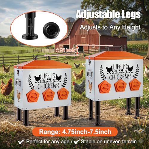‎Tgeyd 30 lb Metal Chicken Feeder, No-Waste Galvanized Feeder with 6 Feeding Ports, Adjustable Legs, Feed Level Window & Rainproof Roof Lid for Chickens, Ducks & Geese - size: 30LB