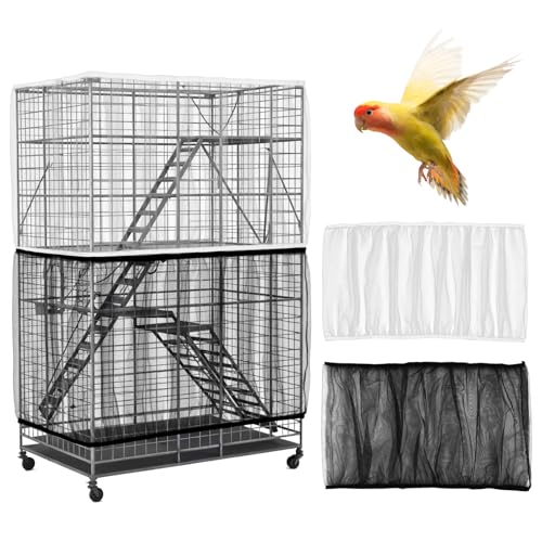 2Pcs Bird Cage Seed Catcher, Adjustable White Bird Cage Net Birdcage Cover Skirt Nylon Mesh Netting, Stretchy Birds Cages Guard for Parrot Parakeet Macaw African Any Cages Cover