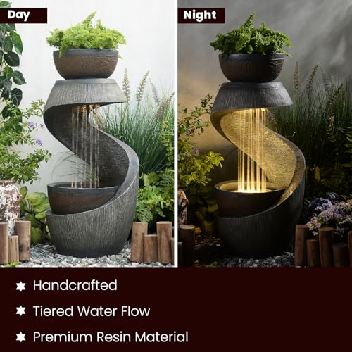 Outdoor Water Fountain with LED Lights, 31.9" Modern Resin Waterfall Fountain Outdoor, S-Shaped Garden Water Feature for Yard, Balcony, Home Decor, Patio Fountian and Waterfalls, Grey - color: Grey-2.66ft