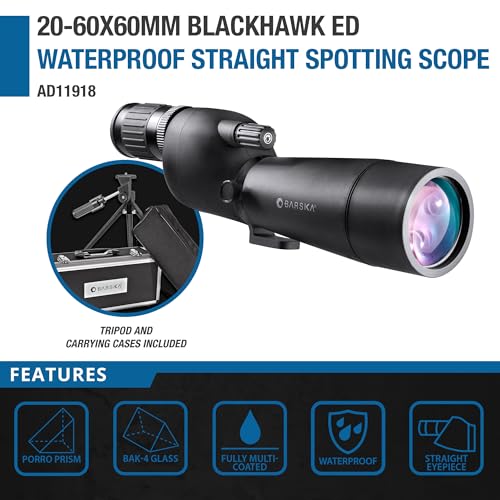 Barska Blackhawk ED 20-60x60mm Straight Spotting Scope – Extra-Low Dispersion Glass, Waterproof, Fully Multi-Coated Optics, Hard & Soft Carrying Case, Black - style: Straight