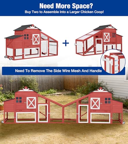 Mobile Chicken Coop with Run Outdoor Hen House with Slide-Out Tray Waterproof Roof Large Nesting Box 2 Perches Non-Slip Ramp Red - color: 73.4“L Red & White