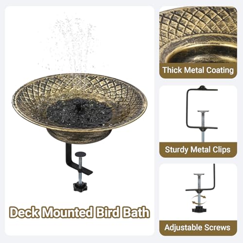 Solar Bird Bath for Deck Railing, 12.6“ Metal Solar Powered Bird Bath | Bird Bath Fountain with Bubbler, 3.5” Adjustable Clamp for Balcony & Patio, 2-in-1 Deck Bird Feeder for Garden Yard, Gold - color: Gold