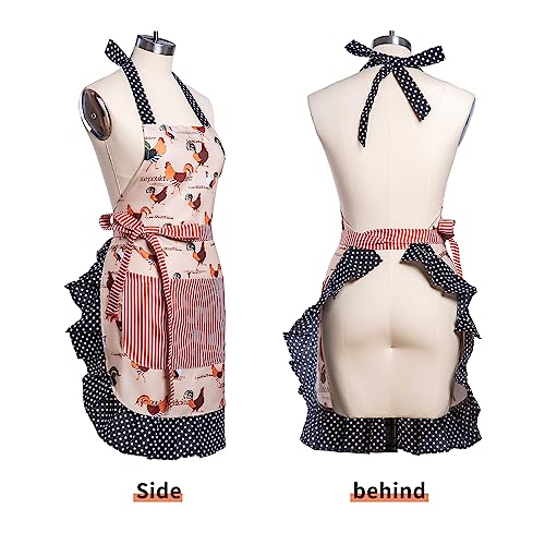 Lovely Flower Pattern Retro Aprons With Large Pockets for Women Girls Cooking Kitchen Bakery Mother's Gift - color: Lovely Chicken