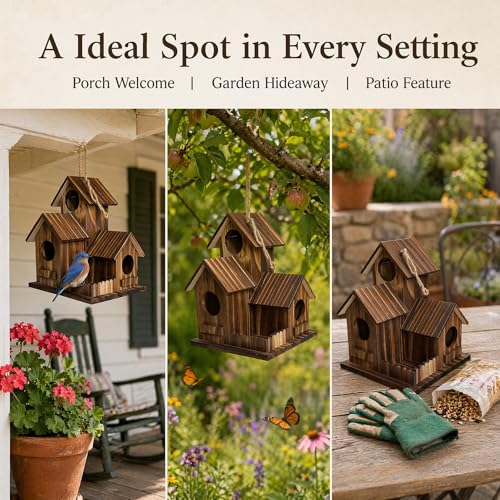 Wooden Bird House for Outside, 3-Chamber Rustic Birdhouse, Hand-Charred Solid Wood Weather Resistant Hanging Nest Box for Bluebird Finch Sparrow, Outdoor Garden Decor (Classic)