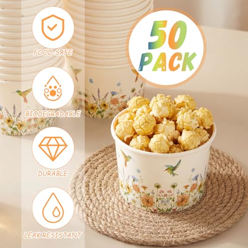 Funnymoom 50 Pack Wildflower Treat Snack Cups Spring Bird Flower Paper Ice Cream Cups 9 oz Hummingbird Floral Party Disposable Dessert Bowls for Hot or Cold Food Birthday Party Baby Shower Supplies - color: Fresh Green, style: Hummingbird