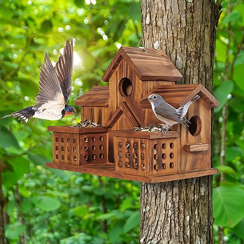 MIXUMON Bird Houses for Outside with Bird Feeder, Outdoor 3 Hole Bird House Room for 3 Bird Families Bluebird Finch Cardinals Hanging Birdhouse for Garden