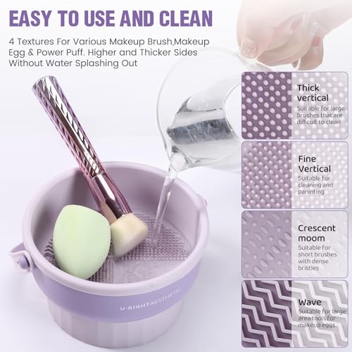 GOLIKEE 2 Pack Makeup Brush Cleaner Mat 3 in 1 Silicone Makeup Brush Cleaning Bowl Makeup Brush Sponge Scrubber Tool for Cleaning, Storage and Upside Down Drying, (Two Purple) - color: Purple