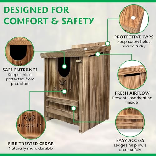 MOONITY Fire-Treated Cedar Owl House Bundle – 16"x12"x12" & 14"x9"x9" Nesting Box Set for Barn, Screech, Kestrel & More – Weatherproof, Predator-Safe & Easy to Install