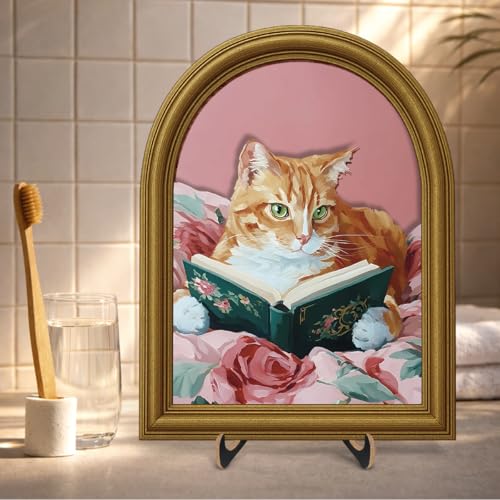 3D Pink Cute Cat Reading Table Decor Sign, Vintage Cat with Book Wall Art Sign for Home Bedroom Reading Room Desk Wall Shelf Decor 8x10 Inch - color: color-B