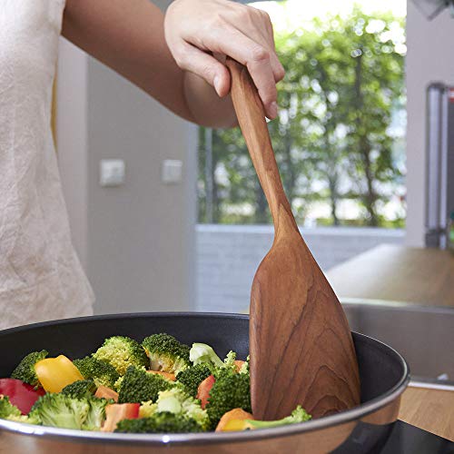 FAAY 13.5” Left-Hand Stir Fry Spatula – True Left-Hand Angled Teak Wooden Turner for Wok & Nonstick Pans, Natural Coconut Oil Finish, Handcrafted Wood Tool for Stirring & Flipping - size: 13.5 Inch Stir Fry - LEFT