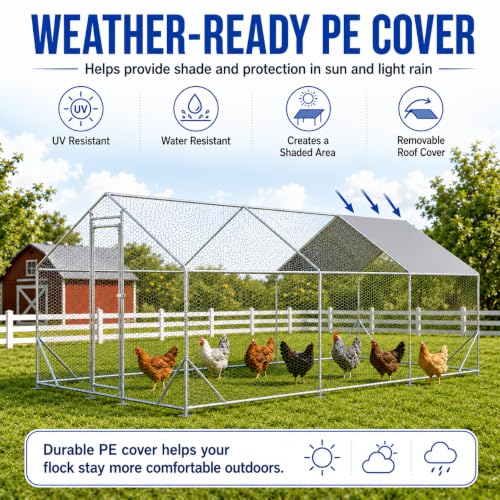 Large Metal Chicken Coop Run with Removable PE Cover, Walk-in Galvanized Steel Poultry Enclosure with PVC-Coated Wire Mesh and Lockable Door for Chickens, Ducks and Rabbits (10' Lx20' Wx6.56' H) - size: 240.0"L x 120.0"W x 78.7"H