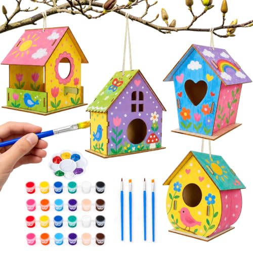 BELEEV 4 Pack Bird House Kit for Kids, DIY Birdhouse Kits to Build & Paint, Include Paints & Brushes, Wooden Arts and Crafts Gift for Children Boys Girls Ages 4-12 - color: 4 Pack Bird House