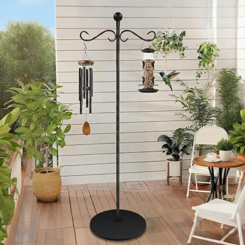 58 Inch Double Shepherds Hooks for Outdoor Indoor with Round Base Stand, Adjustable Shepherds Hook for Bird Feeder, Wind Chime, Solar Light for Garden Patio Home Decor